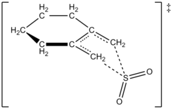 Proposed transition state for reaction of 1,2-dimethylidenecyclohexane with SO2 to give a sulfolene through a cheletropic reaction Sulfolene ts2.png