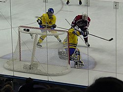 Sweden and the United States women's teams during the semifinals. The United States won, 4-0. SwedenUSAwomenshockey2002.jpg