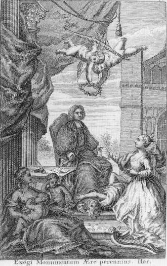 A man sits on a throne with a document in his left hand. The document is also held by a woman crouching before him. The man's feet are on a man looking up. A woman is on the bottom left nursing one child and holding another. At the top of the scene are two cherubims holding a laurel crown. In the background is a cathedral. The caption is "Exegi Monumentum Ære perennius. Hor."