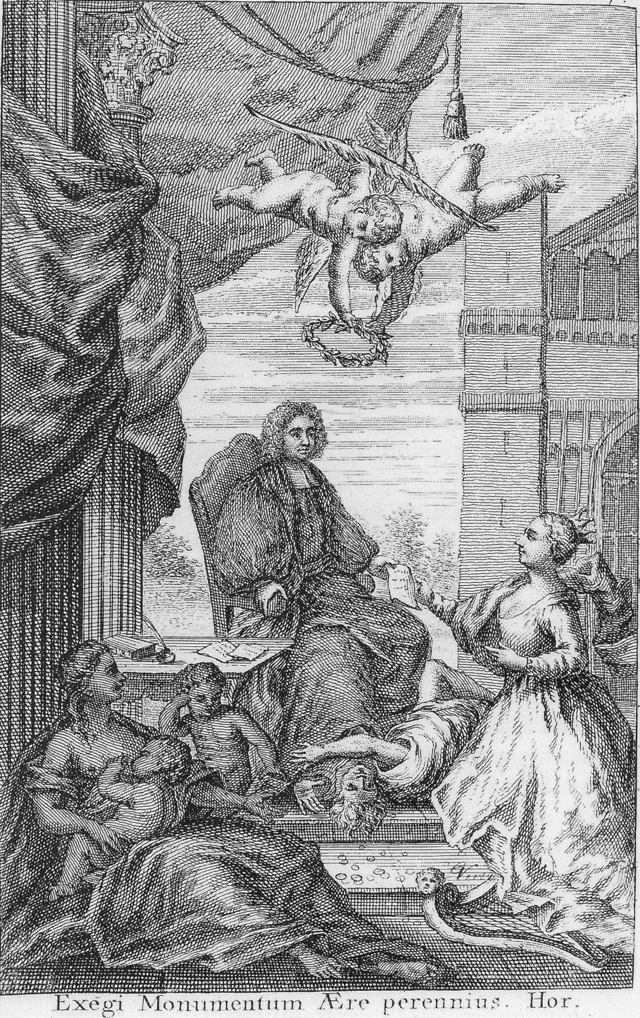 A man sits on a throne with a document in his left hand. The document is also held by a woman crouching before him. The man's feet are on a man looking up. A woman is on the bottom left nursing one child and holding another. At the top of the scene are two cherubims holding a laurel crown. In the background is a cathedral. The caption is "Exegi Monumentum Ære perennius. Hor."