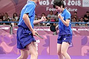 Deutsch: Tischtennis bei den Olympischen Jugendspielen 2018; Tag 9, 15. Oktober 2018; Mixed, Finale, Mixed-Doppel – Miu Hirano & Tomokazu Harimoto (JPN) gegen Sun Yingsha & Wang Chuqin (CHN) 1:3 English: Table tennis at the 2018 Summer Youth Olympics at 15 October 2018 – Mixed Final, Mixed-Double – Miu Hirano & Tomokazu Harimoto (JPN) Vs Sun Yingsha & Wang Chuqin (CHN) 1:3