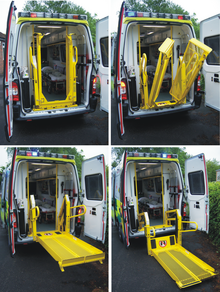 Four stages of deployment on an ambulance tail lift Tail lift deploy.png