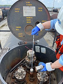 Inside the valve housing on top of a tank car in the United States, with a magnetic level gauge pulled out Tank car magnetic gauge device.jpg