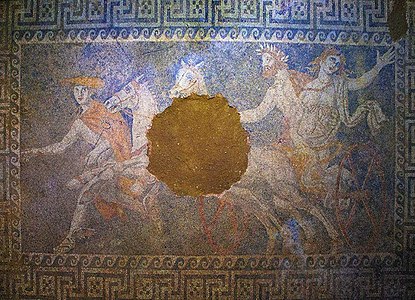 A mosaic of the Kasta Tomb in Amphipolis depicting the abduction of Persephone by Pluto, 4th century BCE.