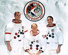 Photographie en couleur de l'équipage d'Apollo 15 posant devant l'emblème de leur mission.
