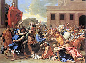 malba: na náměstí před chrámem se muži ozbrojení meči zmocňují žen.
