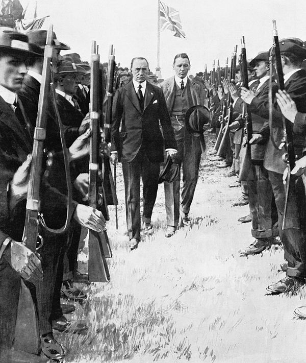 Carson inspecting the UVF, F. E. Smith walking behind him, pre-1914
