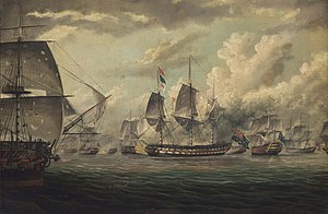 HMS Bellerophon che guida il bombardamento della fortezza siriana di San Giovanni d'Acri. Thomas Baines