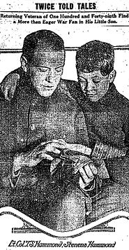 Hammond shows his son the gas mask he used in France, Chicago Daily Tribune, March 1919 Tom and Stevens Hammond.jpg