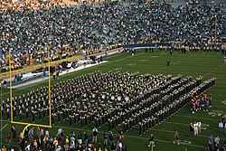 The Band of the Fighting Irish at the University of Notre Dame performs at the end of a football game UND Marching Band.jpg