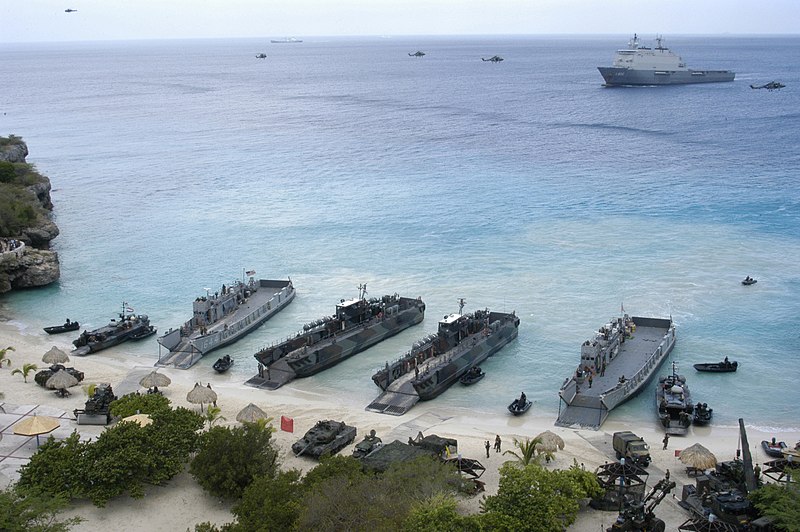 File:US Navy 060606-N-8154G-115 Two Landing Craft Utilities (LCU) assigned to Amphibious Craft Unit Two (ACU-2), rehearse storming the beach in Curacao, Netherlands Antilles.jpg