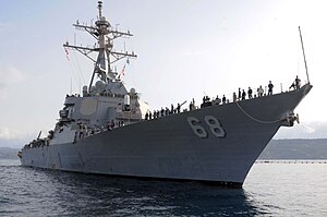 US Navy 120124-N-ZB122-003 The Arleigh Burke-class guided-missile destroyer USS The Sullivans (DDG-68) arrives at Marathi NATO Pier facility for a .jpg