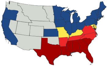 Mapa dos Estados mostrando dois tipos de estados da União e duas fases de secessão e territórios