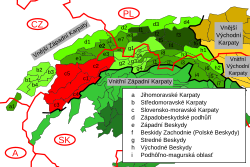 Slovensko-moravské Karpaty v rámci Západních Karpat, vyznačeny červeně