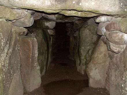 The interior of West Kennet Long Barrow in Wiltshire. Long barrows such as this one were the dominant form of megalithic architecture before the development of the stone circle tradition.