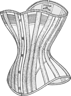 كورسيه طرازhourglass corset من حوالي عام 1890 حيث التثبيت من الأمام والشرائط من الخلف