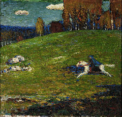 Painting of white horse and blue rider galloping across a green meadow from right to left