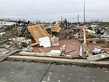EF3 damage to Taco Bell restaurant in Winchester, Indiana. Winchester, IN EF3 tornado damage.jpg