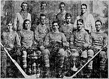 Winnipeg Monarchs with the Allan Cup in 1915. Dick Irvin in the back row second from left. Winnipeg Monarchs 1915.jpg