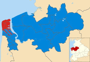 Map of the results of the 2011 Wyre council election. Conservatives in blue and Labour in red. Wyre UK local election 2011 map.svg