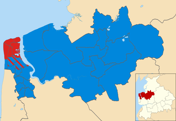 Map of the results of the 2011 Wyre council election. Conservatives in blue and Labour in red.