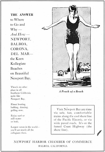 File:"A Peach of a Beach" "NEWPORT, BALBOA, CORONA, DEL MAR" beaches on Newport Bay, "NEWPORT HARBOR CHAMBER OF COMMERCE" 1929 ad art detail, The Big T 1929 (page 252 crop).jpg