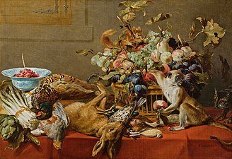 Stilleben med frukt, dött villebråd, grönsaker, en levande apa, ekorre och katt, oljemålning. Gartenpalais, Liechtenstein Museum, Wien.