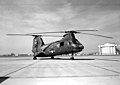 A March, 1966 photo of a CH-46A "Sea Knight" helicopter from HMM-165, with one of Tustin's massive blimp hangars in the background.