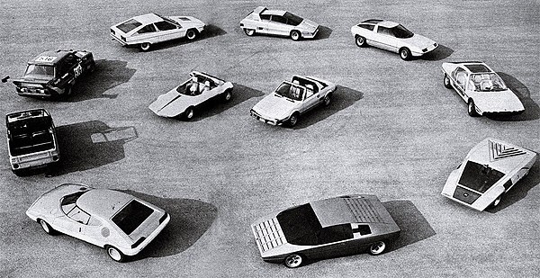 A lineup of Bertone designs from the 1960s and 1970s, most of which Gandini designed