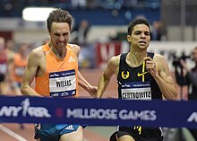 Centrowitz (right) and Nick Willis (left) in the final stretch of the Wanamaker Mile in 2015. 2015 Millrose Games - Wanamaker Mile - Armory - Willis, Centrowitz (16552096775).jpg