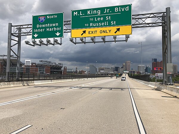 View north along I-395 at the exit for Martin Luther King Jr. Boulevard in Baltimore