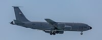 A KC-135R Stratotanker, tail number 57-1439, on final approach at Kadena Air Base in Okinawa, Japan in March 2020. It is assigned to the 22nd Air Refueling Wing and the 931st Air Refueling Wing at McConnell Air Force Base in Wichita, Kansas.