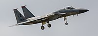 A US Air Force F-15C Eagle, tail number 81-0034, on final approach at Kadena Air Base in Okinawa, Japan. It is assigned to the 67th Fighter Squadron at Kadena AB.