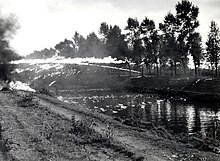 Members of the Canadian 4th Armoured Division demonstrating the use of flame throwers across a canal, Maldegem, October 1944. 4th Canadian Armoured Division flamethrower demonstration across canal Balgerhoeke Belgium October 1944.jpg