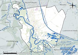 Carte en couleur présentant le réseau hydrographique de la commune