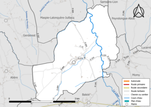 Carte en couleur présentant le réseau hydrographique de la commune