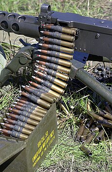 A close up of 0.50 Caliber (12.7 mm) Browning Ball M33 Ammunition loaded onto a Browning M2 HB 0.50 caliber heavy machine.JPEG