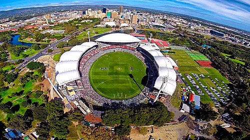 An aerial view of Adelaide Oval whilst an AFL match is in progress