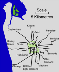 The electric tram network in the late 1950s Adelaide trammap 1950s.png