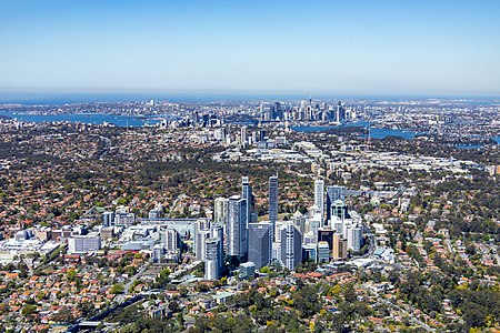 The Chatswood skyline in 2018. Aerial View Chatswood to Sydney CBD.jpg