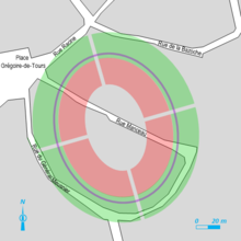 Reconstructed schematic of Tours amphitheatre in a modern map. Red original amphitheater (first century); Green: expanded amphitheater (second century) ; Violet: fortification wall (third century) . Amphi plan moderne.png