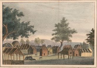 This view of a Seminole village shows the log cabins they lived in prior to the disruptions of the Second Seminole War.