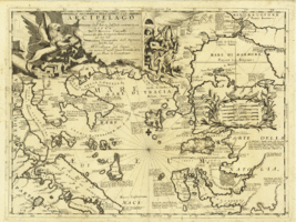 Αναφορά της Αλόννησου ως Λιδρόμι (Lidromi). Η Ολόνησος (Holonisus) εμφανίζεται β.α. της Σαμοθράκης στη Ζουράφα, Βιντσέντζο Κορονέλλι, 1697