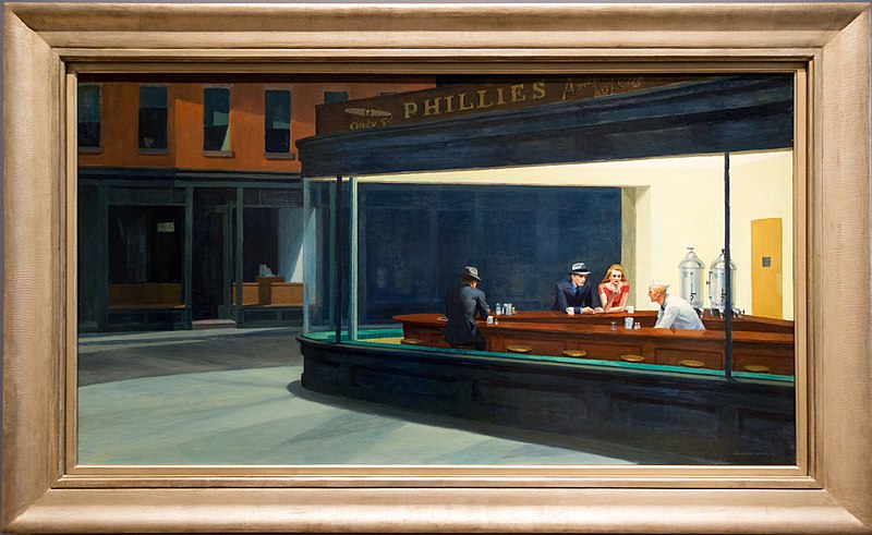 File:Art Institute of Chicago-0957.jpg
Artist 	
Edward Hopper  (1882–1967) Blue pencil.svg wikidata:Q203401 q:en:Edward Hopper
	Edward Hopper: Nighthawks
Title 	
Nighthawks
Object type 	painting Edit this at Wikidata
Genre 	genre art Edit this at Wikidata
Description 	
English: Nighthawks
Date 	21 January 1942
Medium 	oil on canvas
Dimensions 	Height: 84.1 cm (33.1 in); Width: 152.4 cm (60 in)
Collection 	
Art Institute of Chicago  Blue pencil.svg wikidata:Q239303
Current location 	
Friends of American Art Collection
Accession number 	
1942.51 (Art Institute of Chicago) Edit this at Wikidata
Place of creation 	New York City, United States of America
Object history 	13 May 1942: purchased by Art Institute of Chicago from Edward Hopper, New York City
Credit line 	21 January 1942: completed by Edward Hopper
13 May 1942: bought by Daniel Catton Rich, director of the Art Institute of Chicago, for3,000 US$
References 	

    described at URL: https://www.artic.edu/artworks/111628 Edit this at Wikidata
    described by source: 1001 Paintings You Must See Before You Die, pp. 716  Edit this at Wikidata

Source/Photographer 	Wuselig