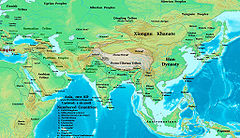 Asia in 1 CE. The Western Regions were at the centre of the map (south-west of the Xiongnu)