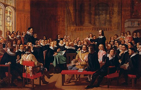 This painting by John Rogers Herbert depicts a particularly controversial speech before the Assembly by Philip Nye against presbyterian church government. Assertion of Liberty of Conscience by the Independents of the Westminster Assembly of Divines, 1644.jpg