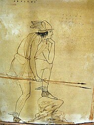 Näyttelijä Euaion esittää Perseusta. Yksityiskohta Fiale-maalarin valkopohjatekniikalla maalaamasta kalykskrateerista, n. 440–430 eaa.