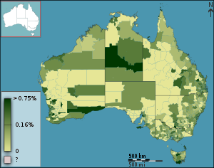 People who identify as Latter-day Saints as a fraction of total persons, in Australia, Australia, according to the 2011 census results. The map is divided into geographical subdivisions by Statistical Local Area. Note the split scale above and below the median value. Australian Census 2011 demographic map - Australia by SLA - BCP field 2739 Christianity Latter day Saints Persons.svg