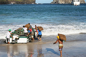 Habitantes de las Marquesas cargando copra en la Bahía de Hane