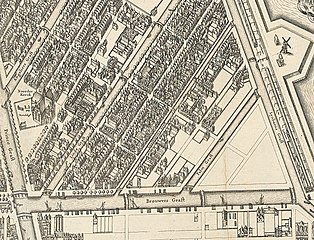 1625 map seen from the north. Brouwers Graft (bottom), Lynbaens Graft (right). Diagonals: Palm Graft (lower right), Goutbloems Graft, Linde Graft, Angeliera Graft